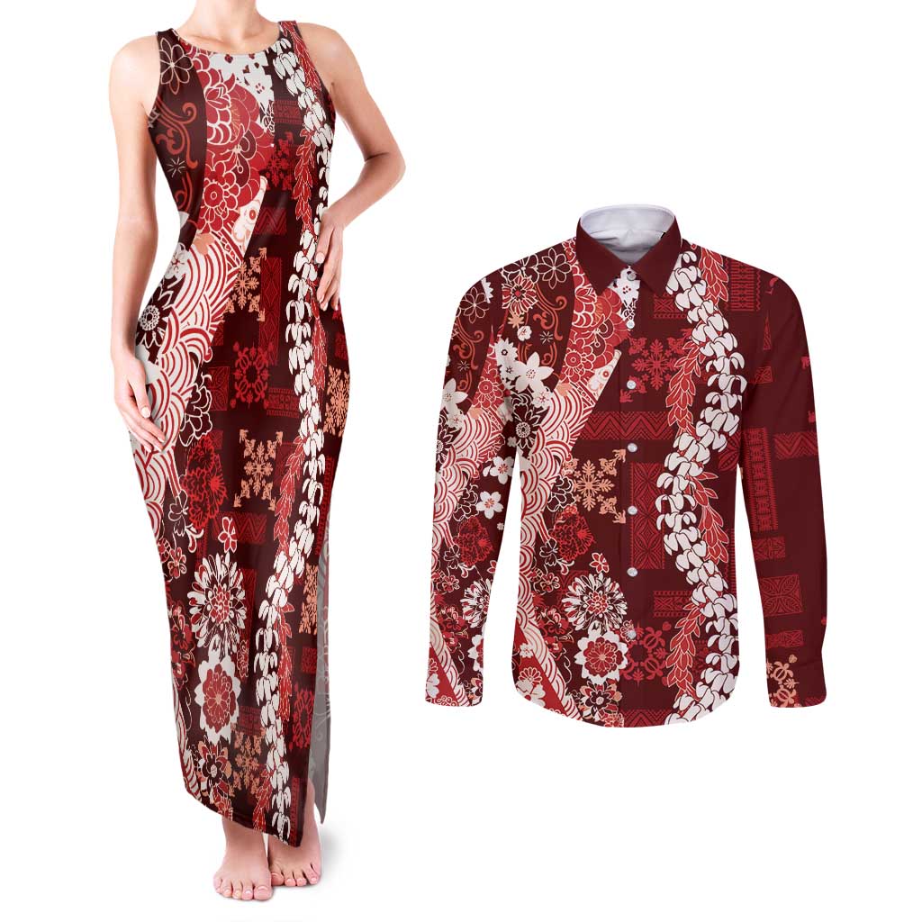 Hawaii Puakenikeni and Maile Lei Couples Matching Tank Maxi Dress and Long Sleeve Button Shirt Red Japanese Wave Style LT9 Red - Polynesian Pride