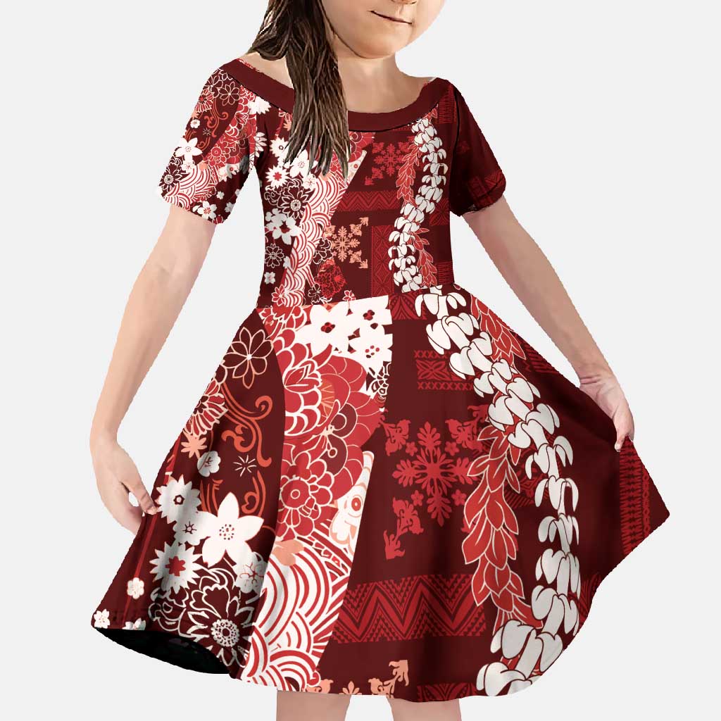 Hawaii Puakenikeni and Maile Lei Family Matching Long Sleeve Bodycon Dress and Hawaiian Shirt Red Japanese Wave Style LT9 Daughter's Dress Red - Polynesian Pride