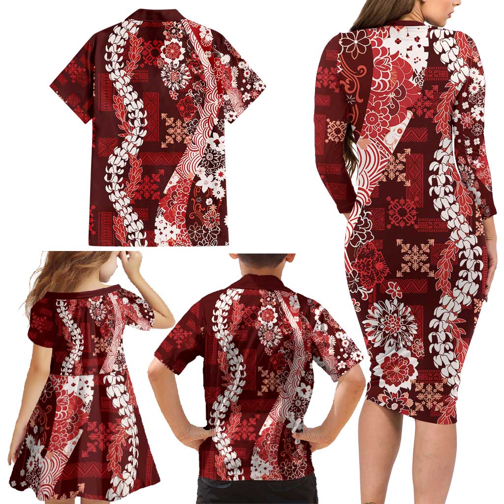 Hawaii Puakenikeni and Maile Lei Family Matching Long Sleeve Bodycon Dress and Hawaiian Shirt Red Japanese Wave Style LT9 - Polynesian Pride