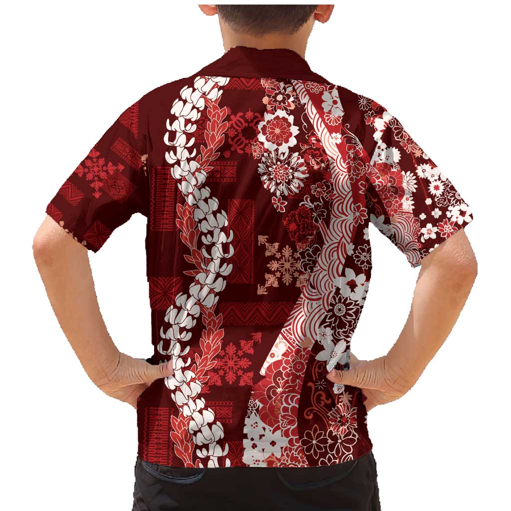 Hawaii Puakenikeni and Maile Lei Family Matching Mermaid Dress and Hawaiian Shirt Red Japanese Wave Style LT9 - Polynesian Pride