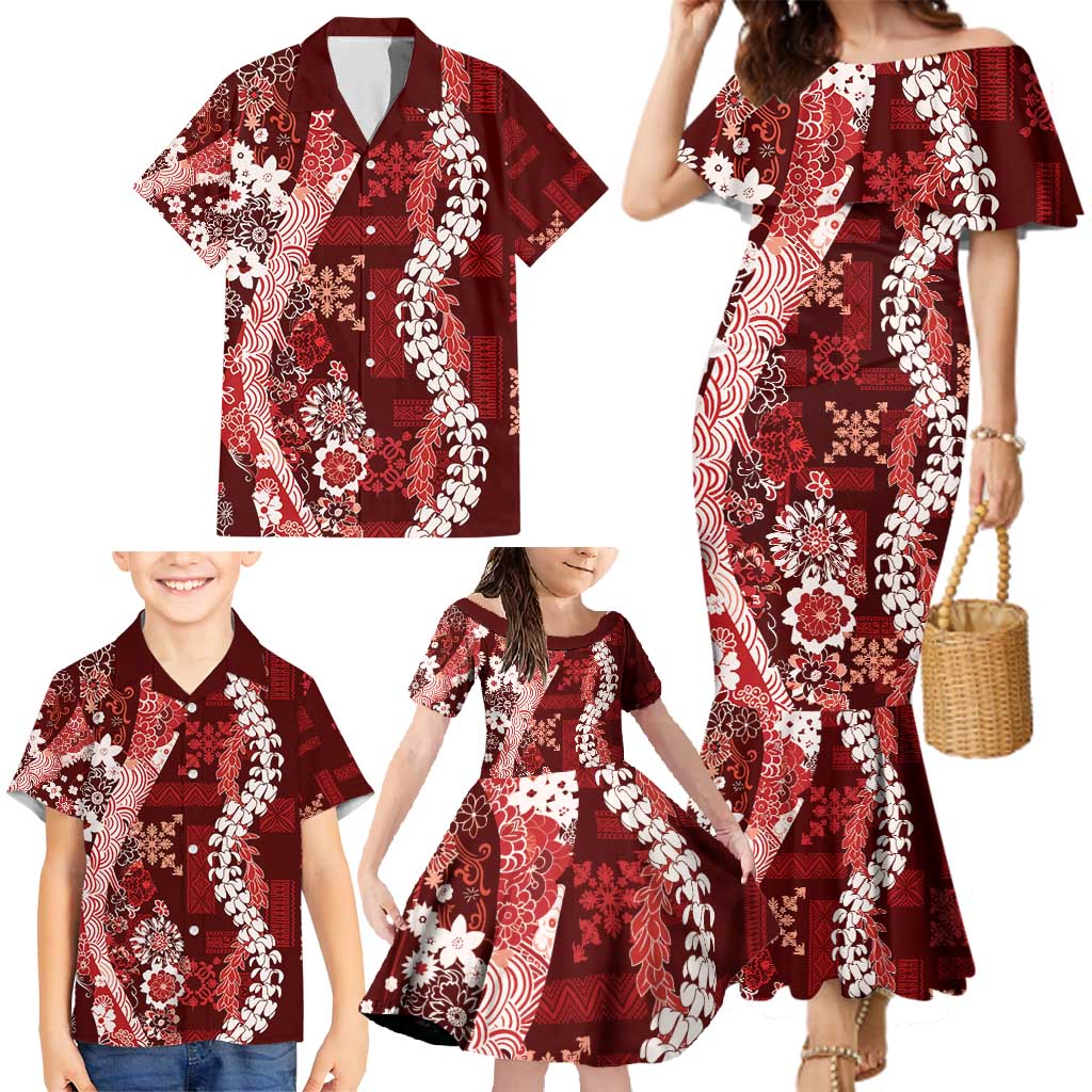 Hawaii Puakenikeni and Maile Lei Family Matching Mermaid Dress and Hawaiian Shirt Red Japanese Wave Style LT9 - Polynesian Pride