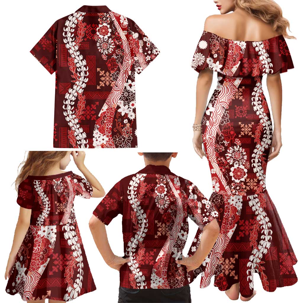 Hawaii Puakenikeni and Maile Lei Family Matching Mermaid Dress and Hawaiian Shirt Red Japanese Wave Style LT9 - Polynesian Pride