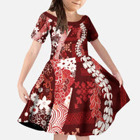 Hawaii Puakenikeni and Maile Lei Family Matching Off The Shoulder Long Sleeve Dress and Hawaiian Shirt Red Japanese Wave Style LT9 Daughter's Dress Red - Polynesian Pride