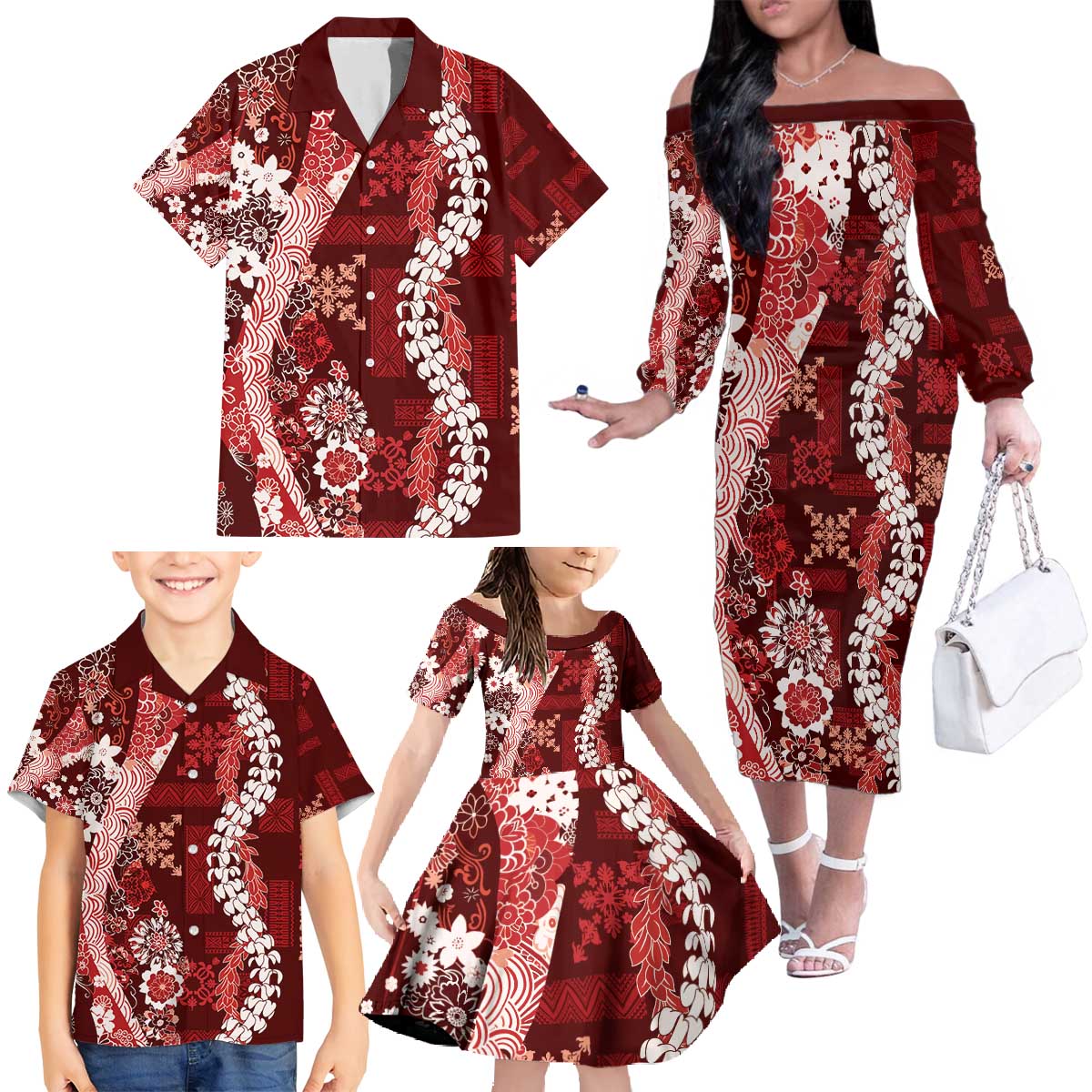 Hawaii Puakenikeni and Maile Lei Family Matching Off The Shoulder Long Sleeve Dress and Hawaiian Shirt Red Japanese Wave Style LT9 - Polynesian Pride