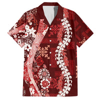 Hawaii Puakenikeni and Maile Lei Family Matching Off The Shoulder Long Sleeve Dress and Hawaiian Shirt Red Japanese Wave Style LT9 Dad's Shirt - Short Sleeve Red - Polynesian Pride