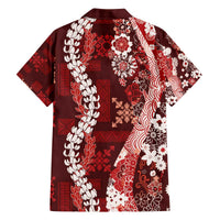 Hawaii Puakenikeni and Maile Lei Family Matching Off The Shoulder Long Sleeve Dress and Hawaiian Shirt Red Japanese Wave Style LT9 - Polynesian Pride