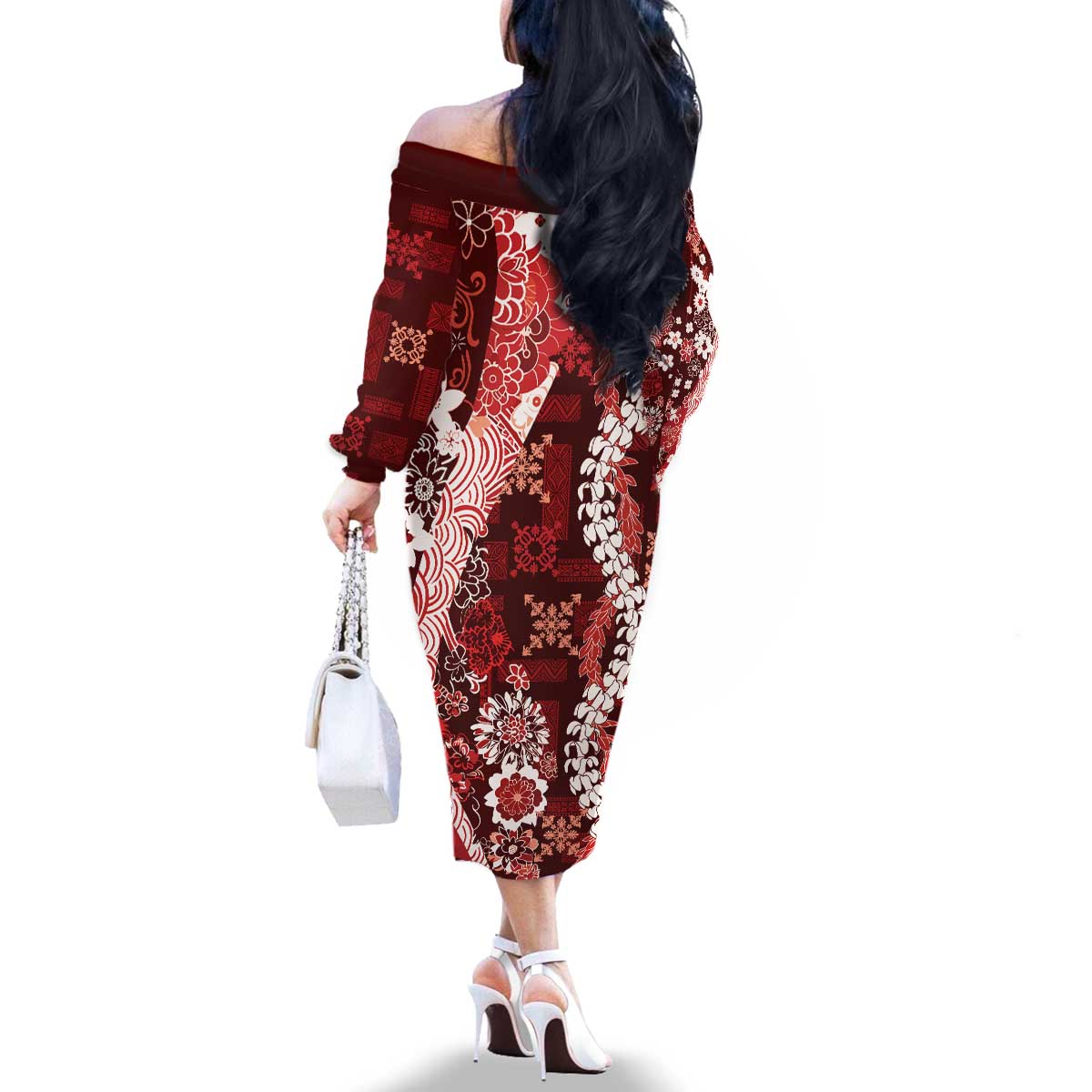 Hawaii Puakenikeni and Maile Lei Family Matching Off The Shoulder Long Sleeve Dress and Hawaiian Shirt Red Japanese Wave Style LT9 - Polynesian Pride
