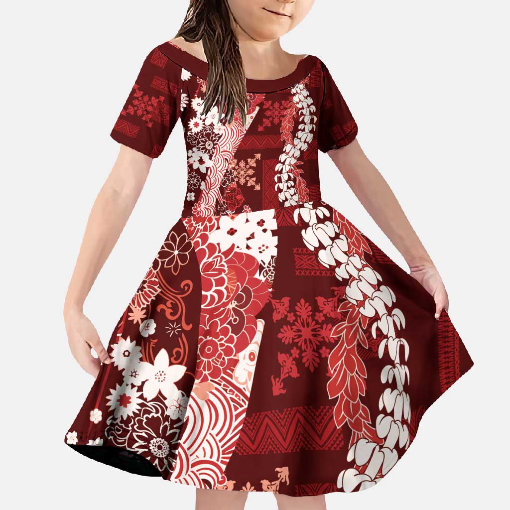 Hawaii Puakenikeni and Maile Lei Family Matching Off Shoulder Maxi Dress and Hawaiian Shirt Red Japanese Wave Style LT9 Daughter's Dress Red - Polynesian Pride
