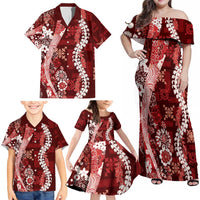 Hawaii Puakenikeni and Maile Lei Family Matching Off Shoulder Maxi Dress and Hawaiian Shirt Red Japanese Wave Style LT9 - Polynesian Pride