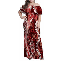 Hawaii Puakenikeni and Maile Lei Family Matching Off Shoulder Maxi Dress and Hawaiian Shirt Red Japanese Wave Style LT9 Mom's Dress Red - Polynesian Pride