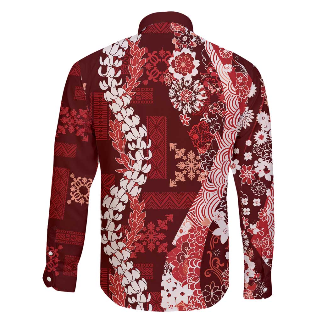 Hawaii Puakenikeni and Maile Lei Family Matching Off Shoulder Short Dress and Hawaiian Shirt Red Japanese Wave Style LT9 - Polynesian Pride