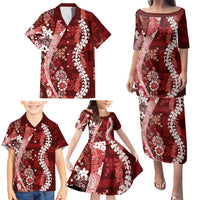 Hawaii Puakenikeni and Maile Lei Family Matching Puletasi and Hawaiian Shirt Red Japanese Wave Style LT9 - Polynesian Pride