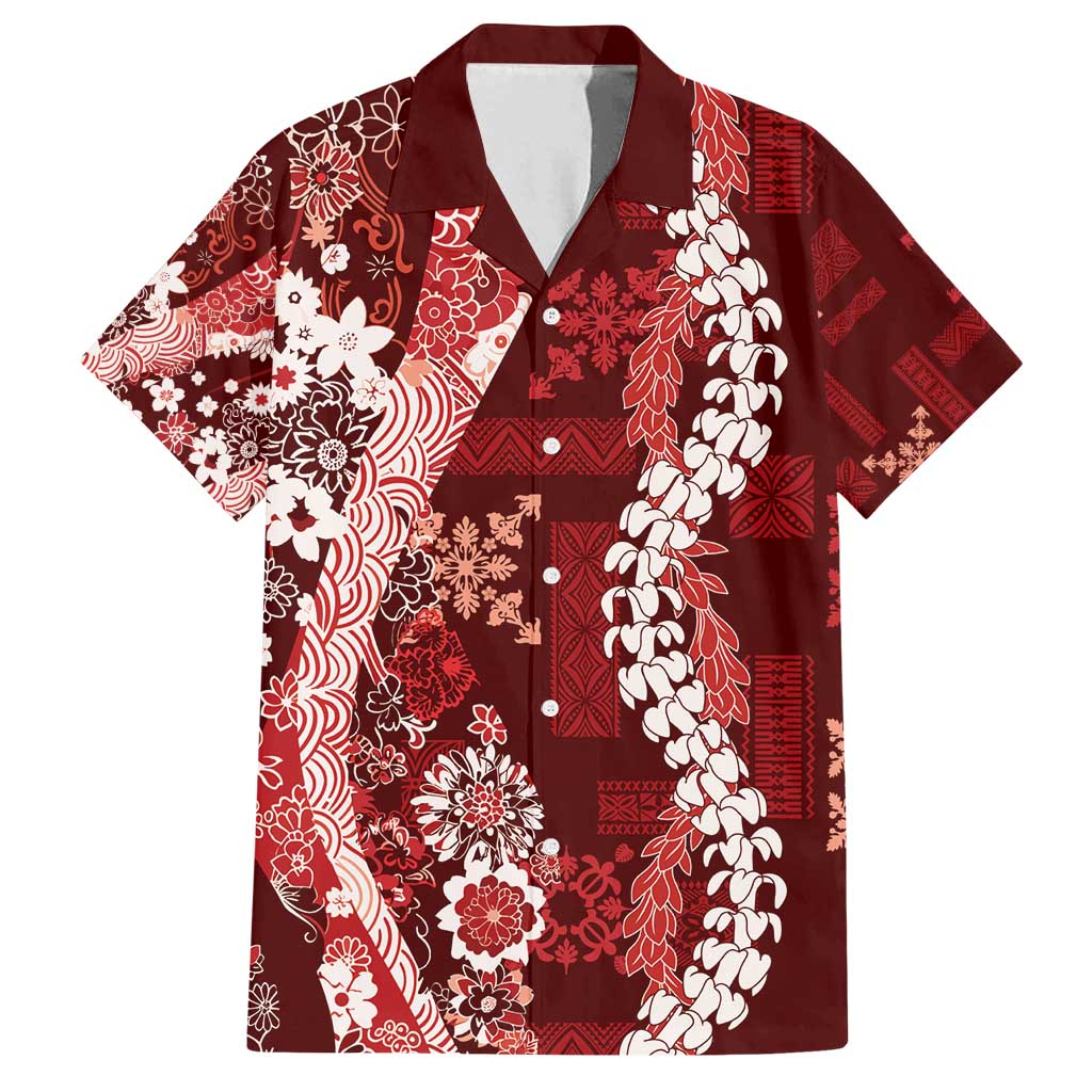 Hawaii Puakenikeni and Maile Lei Family Matching Puletasi and Hawaiian Shirt Red Japanese Wave Style LT9 Dad's Shirt - Short Sleeve Red - Polynesian Pride
