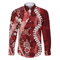 Hawaii Puakenikeni and Maile Lei Family Matching Puletasi and Hawaiian Shirt Red Japanese Wave Style LT9 Dad's Shirt - Long Sleeve Red - Polynesian Pride