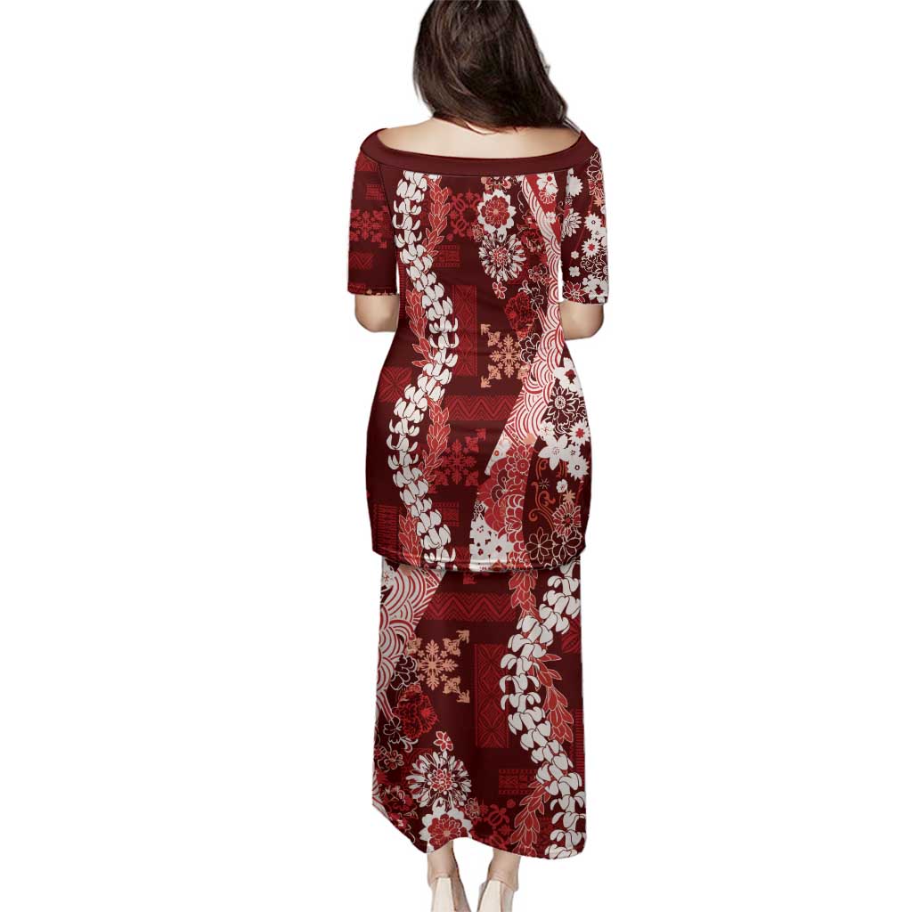 Hawaii Puakenikeni and Maile Lei Family Matching Puletasi and Hawaiian Shirt Red Japanese Wave Style LT9 - Polynesian Pride