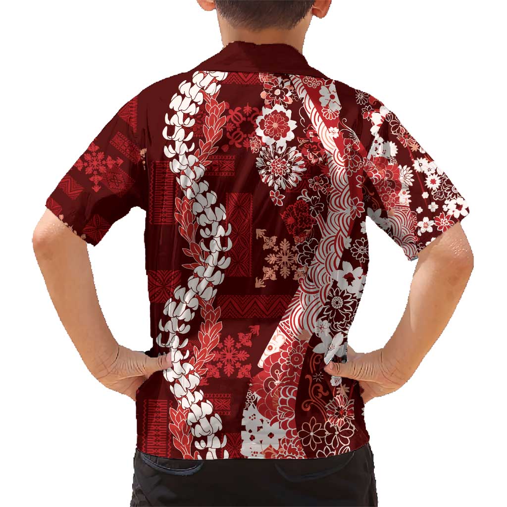 Hawaii Puakenikeni and Maile Lei Family Matching Short Sleeve Bodycon Dress and Hawaiian Shirt Red Japanese Wave Style LT9 - Polynesian Pride