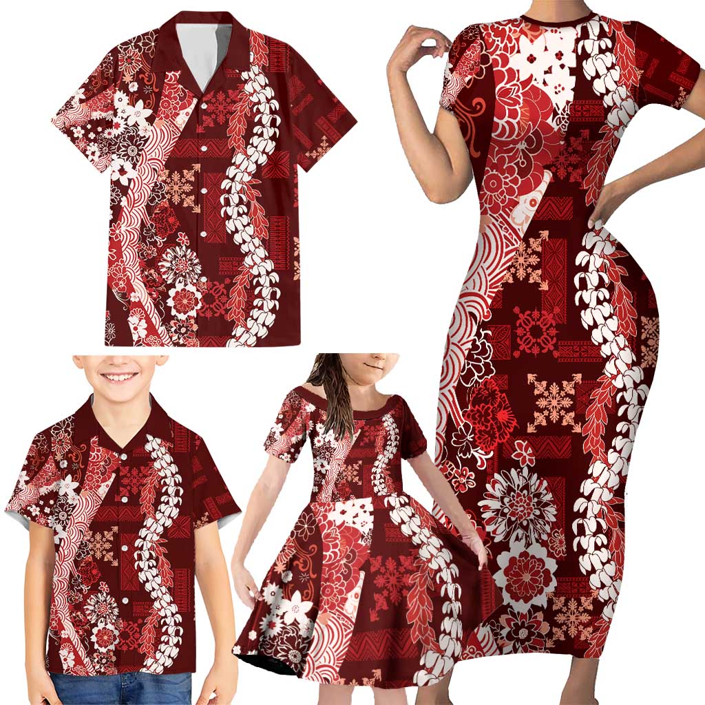 Hawaii Puakenikeni and Maile Lei Family Matching Short Sleeve Bodycon Dress and Hawaiian Shirt Red Japanese Wave Style LT9 - Polynesian Pride