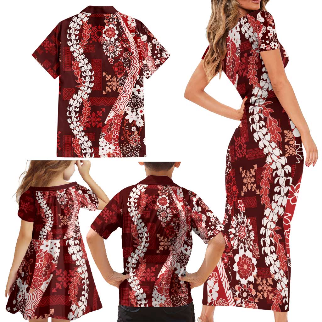 Hawaii Puakenikeni and Maile Lei Family Matching Short Sleeve Bodycon Dress and Hawaiian Shirt Red Japanese Wave Style LT9 - Polynesian Pride