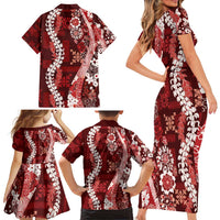 Hawaii Puakenikeni and Maile Lei Family Matching Short Sleeve Bodycon Dress and Hawaiian Shirt Red Japanese Wave Style LT9 - Polynesian Pride