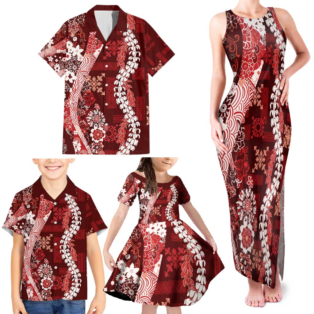 Hawaii Puakenikeni and Maile Lei Family Matching Tank Maxi Dress and Hawaiian Shirt Red Japanese Wave Style LT9 - Polynesian Pride