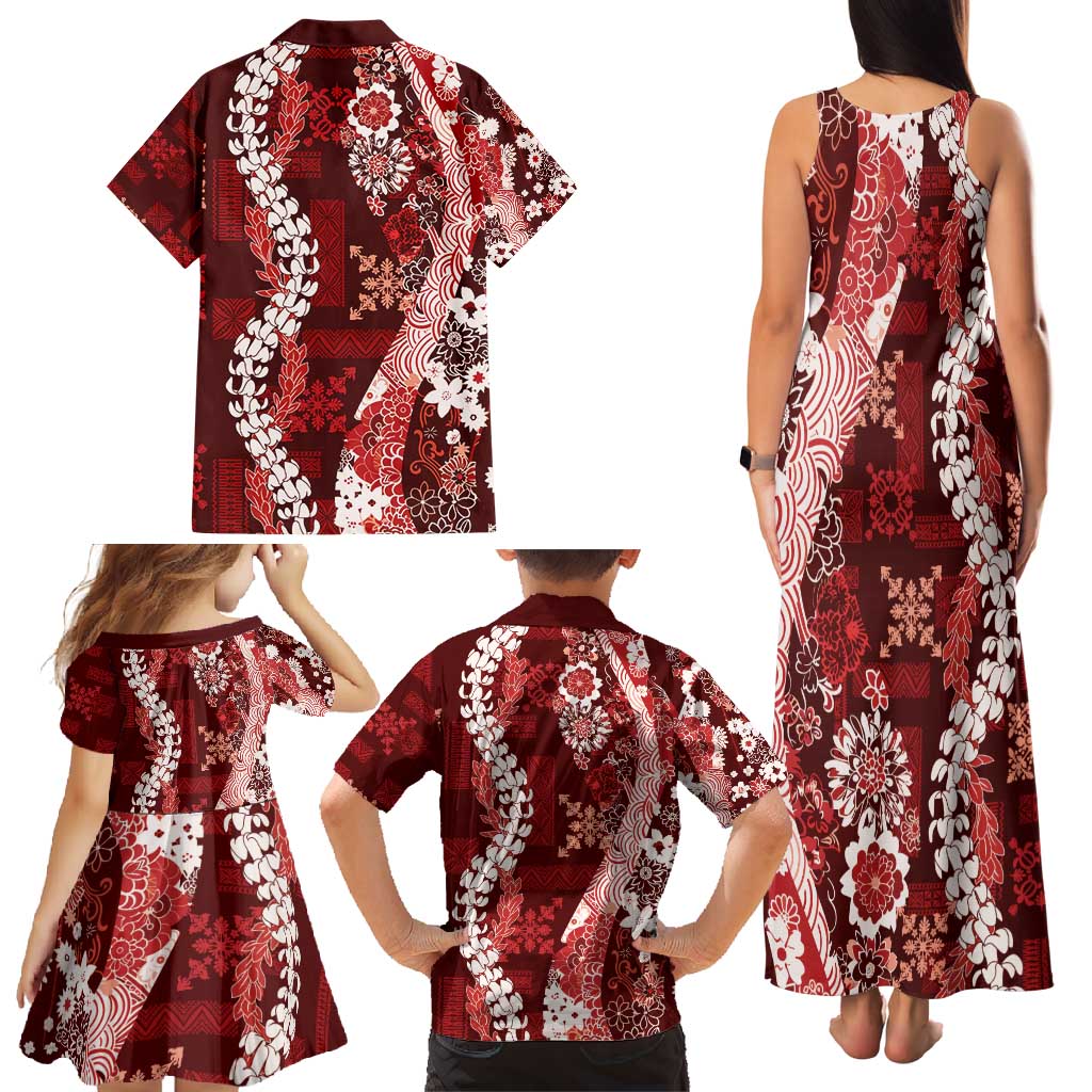 Hawaii Puakenikeni and Maile Lei Family Matching Tank Maxi Dress and Hawaiian Shirt Red Japanese Wave Style LT9 - Polynesian Pride