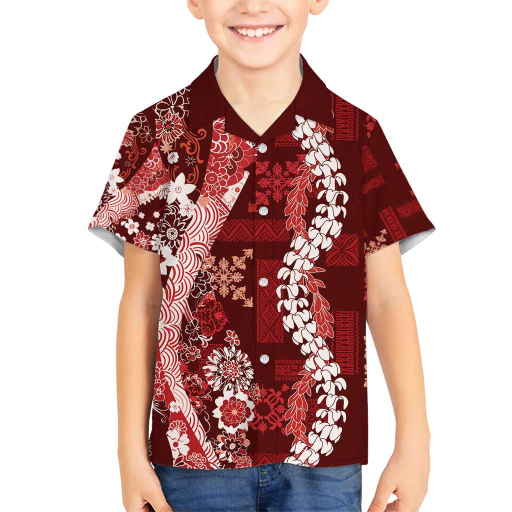 Hawaii Puakenikeni and Maile Lei Family Matching Tank Maxi Dress and Hawaiian Shirt Red Japanese Wave Style LT9 Son's Shirt Red - Polynesian Pride
