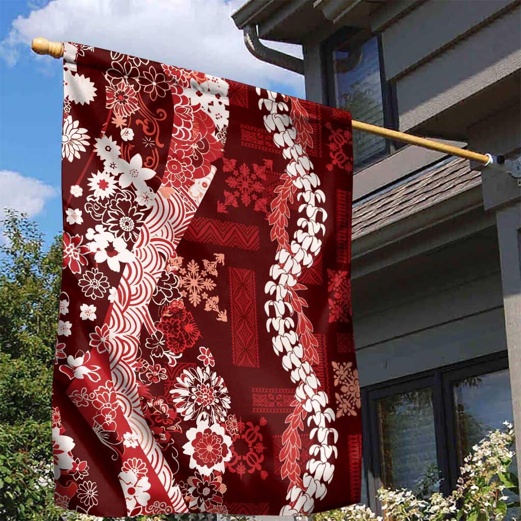 Hawaii Puakenikeni and Maile Lei Garden Flag Red Japanese Wave Style - Polynesian Pride