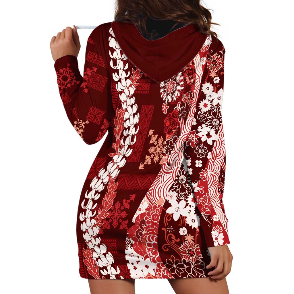 Hawaii Puakenikeni and Maile Lei Hoodie Dress Red Japanese Wave Style LT9 - Polynesian Pride