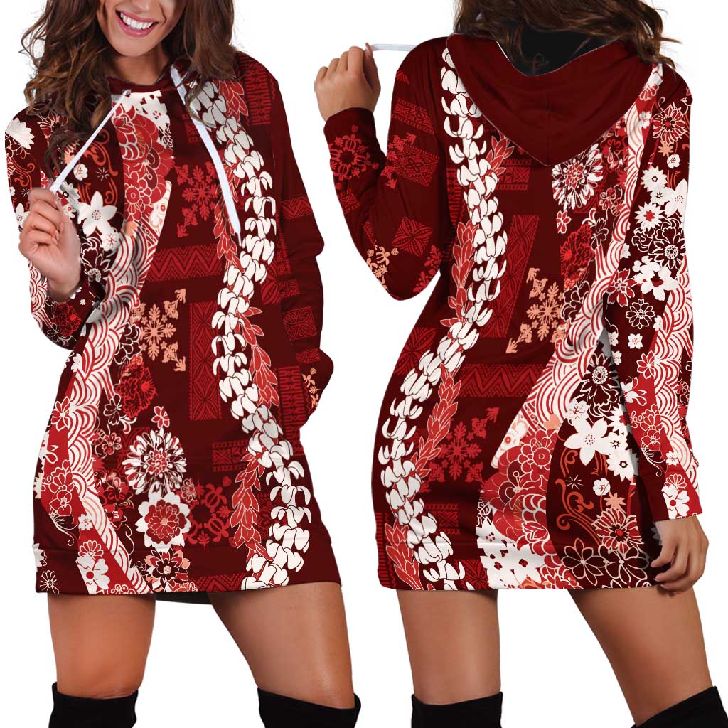 Hawaii Puakenikeni and Maile Lei Hoodie Dress Red Japanese Wave Style LT9 - Polynesian Pride