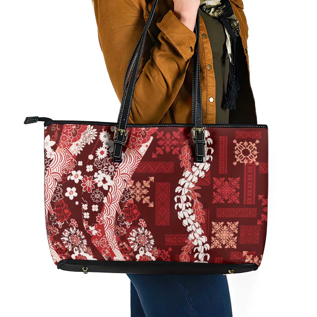 Hawaii Puakenikeni and Maile Lei Leather Tote Bag Red Japanese Wave Style - Polynesian Pride