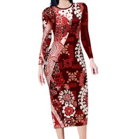 Hawaii Puakenikeni and Maile Lei Long Sleeve Bodycon Dress Red Japanese Wave Style LT9 Long Dress Red - Polynesian Pride