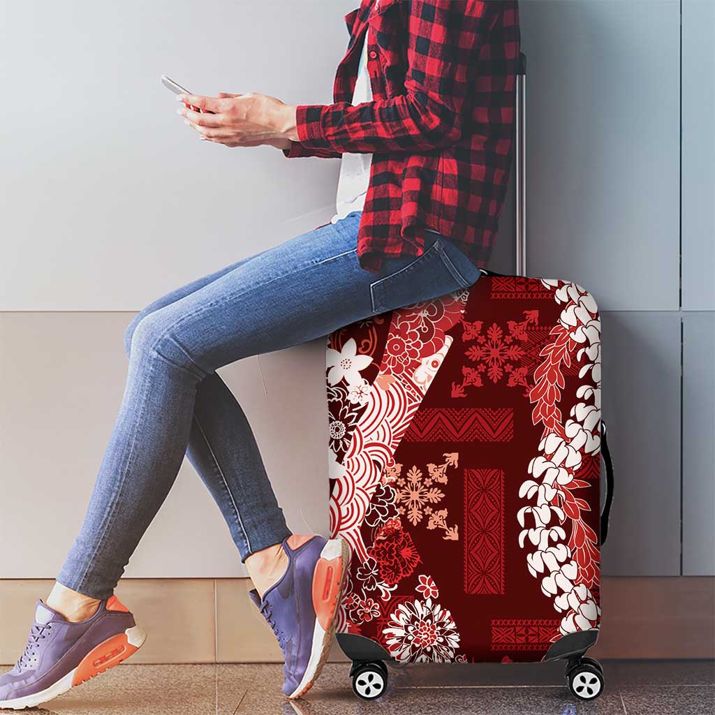 Hawaii Puakenikeni and Maile Lei Luggage Cover Red Japanese Wave Style - Polynesian Pride