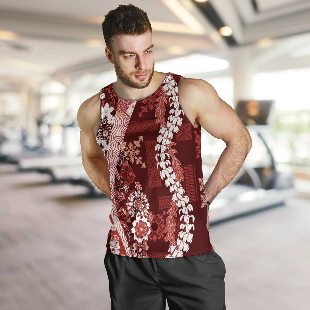 Hawaii Puakenikeni and Maile Lei Men Tank Top Red Japanese Wave Style - Polynesian Pride