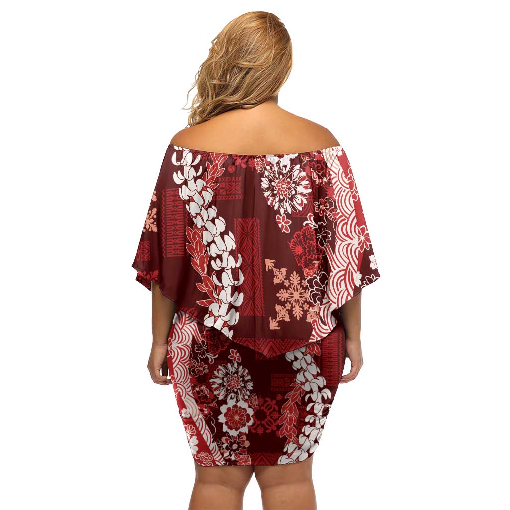 Hawaii Puakenikeni and Maile Lei Off Shoulder Short Dress Red Japanese Wave Style - Polynesian Pride