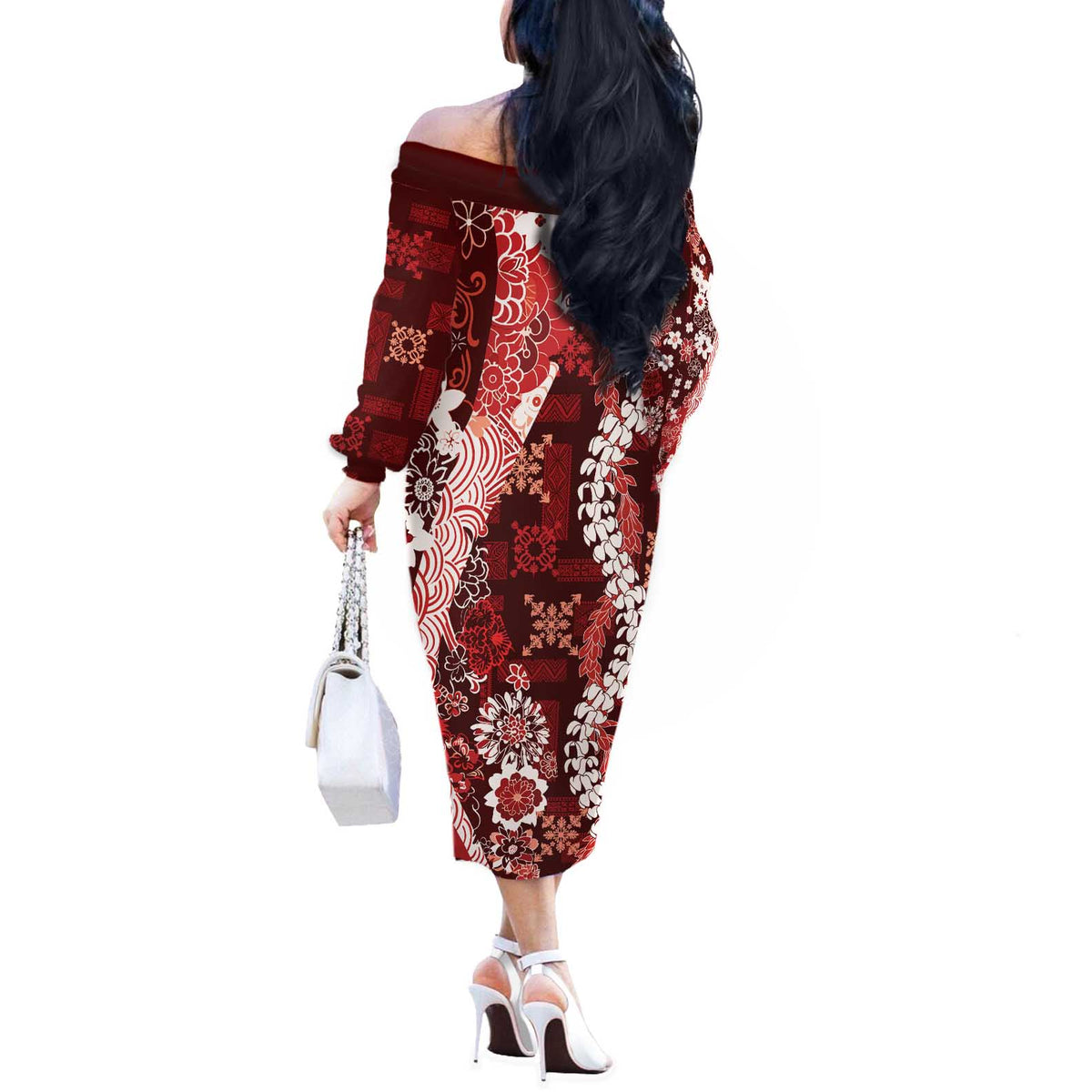 Hawaii Puakenikeni and Maile Lei Off The Shoulder Long Sleeve Dress Red Japanese Wave Style LT9 - Polynesian Pride