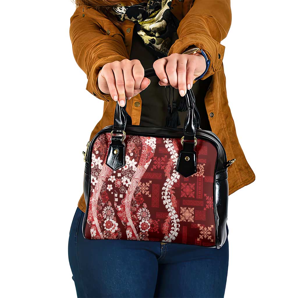 Hawaii Puakenikeni and Maile Lei Shoulder Handbag Red Japanese Wave Style - Polynesian Pride