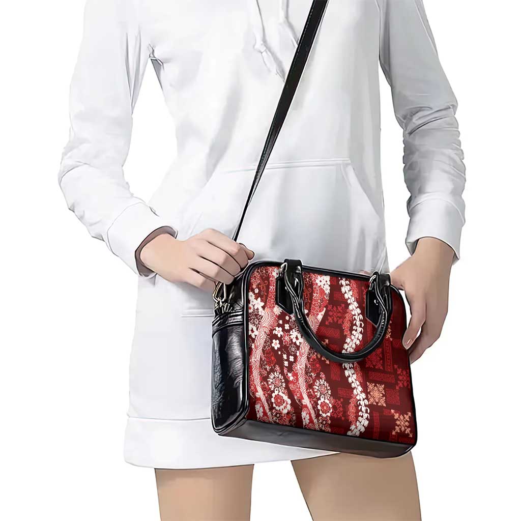 Hawaii Puakenikeni and Maile Lei Shoulder Handbag Red Japanese Wave Style - Polynesian Pride
