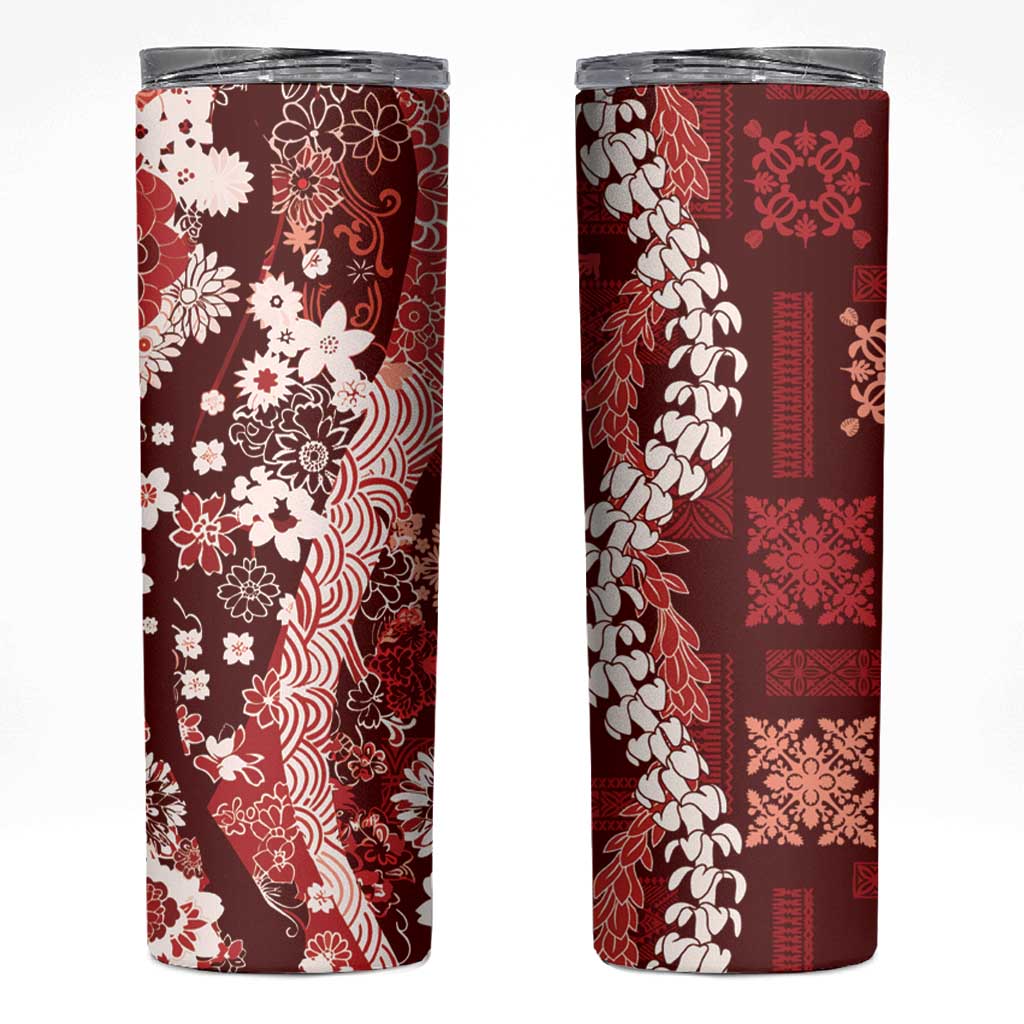 Hawaii Puakenikeni and Maile Lei Skinny Tumbler Red Japanese Wave Style LT9 Red - Polynesian Pride