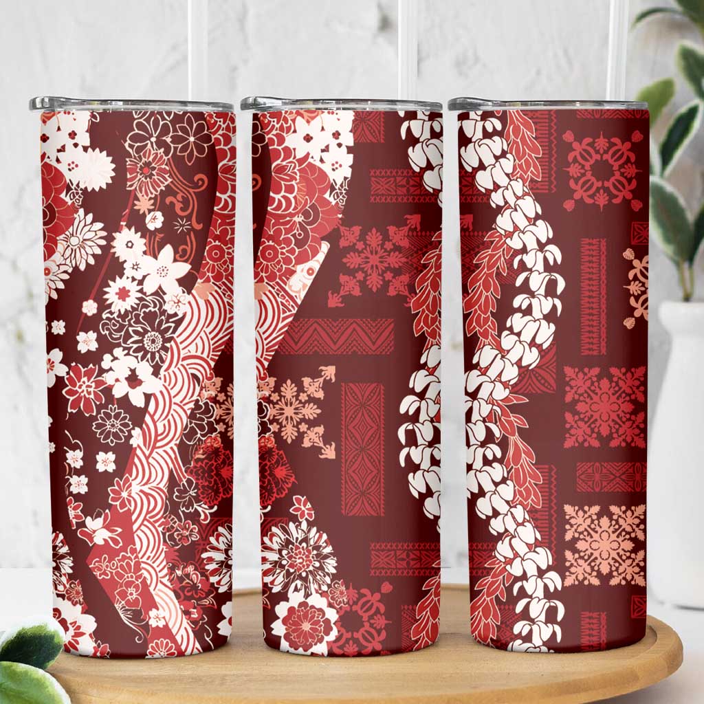 Hawaii Puakenikeni and Maile Lei Skinny Tumbler Red Japanese Wave Style LT9 - Polynesian Pride