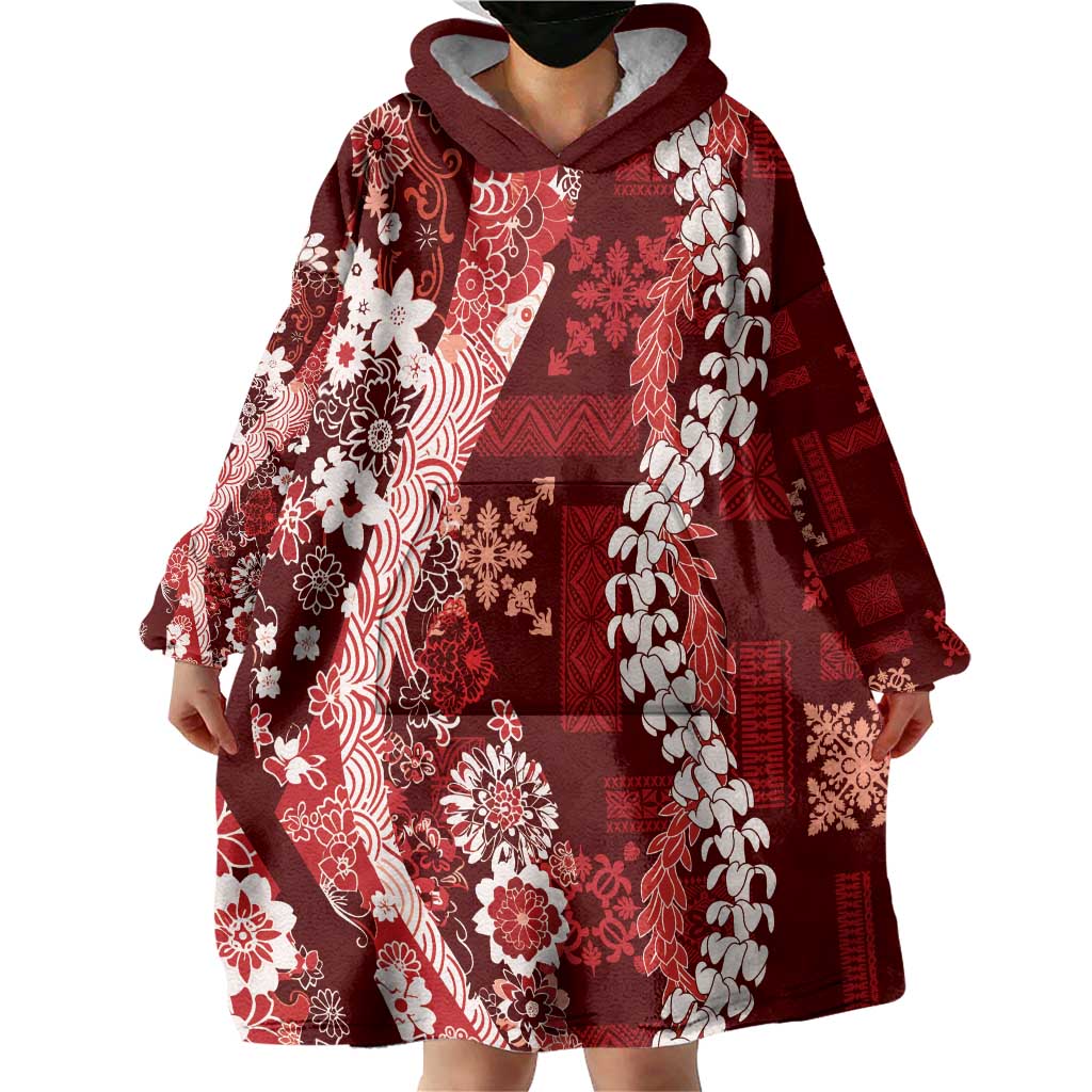 Hawaii Puakenikeni and Maile Lei Wearable Blanket Hoodie Red Japanese Wave Style LT9 - Polynesian Pride