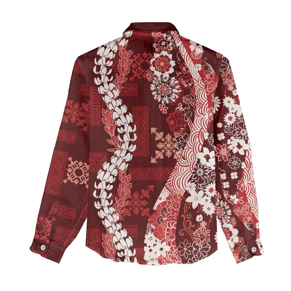 Hawaii Puakenikeni and Maile Lei Women Casual Shirt Red Japanese Wave Style - Polynesian Pride