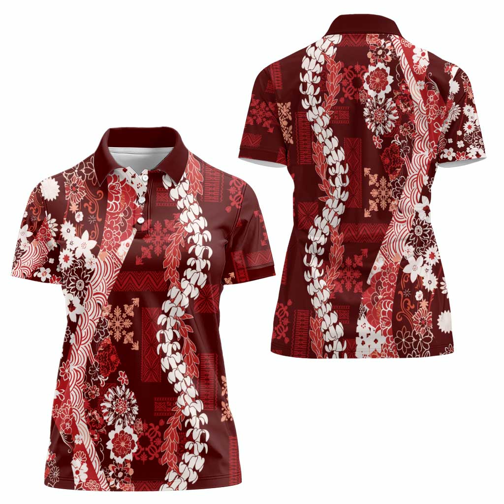 Hawaii Puakenikeni and Maile Lei Women Polo Shirt Red Japanese Wave Style - Polynesian Pride