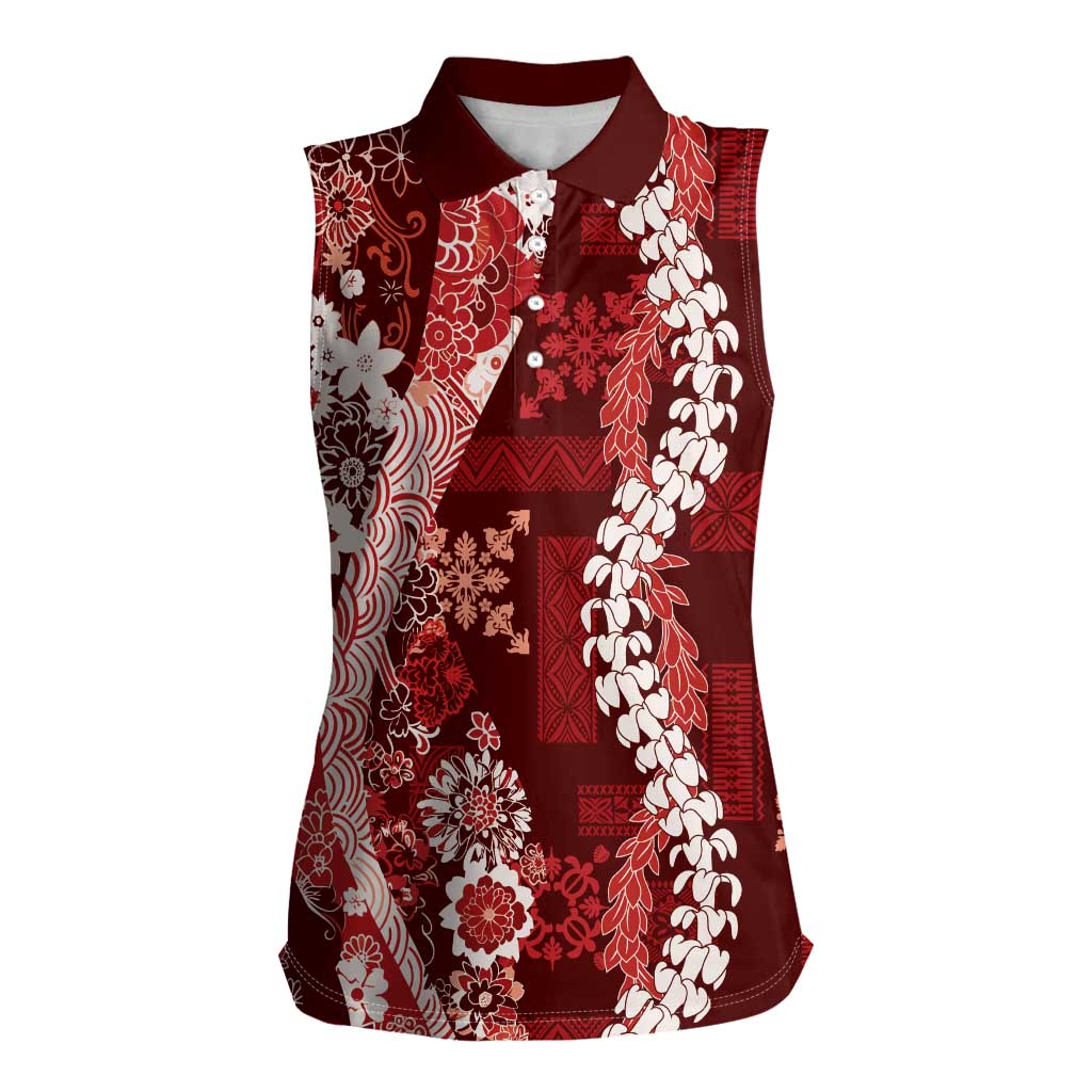 Hawaii Puakenikeni and Maile Lei Women Sleeveless Polo Shirt Red Japanese Wave Style LT9 Female Red - Polynesian Pride