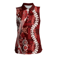 Hawaii Puakenikeni and Maile Lei Women Sleeveless Polo Shirt Red Japanese Wave Style LT9 Female Red - Polynesian Pride