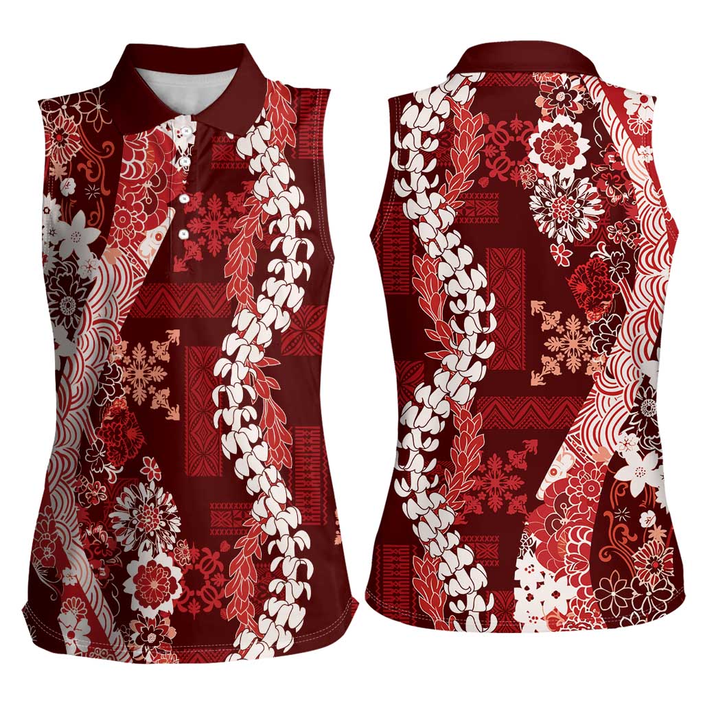 Hawaii Puakenikeni and Maile Lei Women Sleeveless Polo Shirt Red Japanese Wave Style LT9 - Polynesian Pride