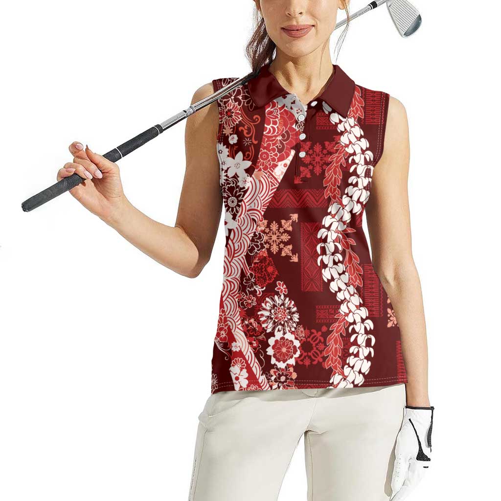 Hawaii Puakenikeni and Maile Lei Women Sleeveless Polo Shirt Red Japanese Wave Style LT9 - Polynesian Pride