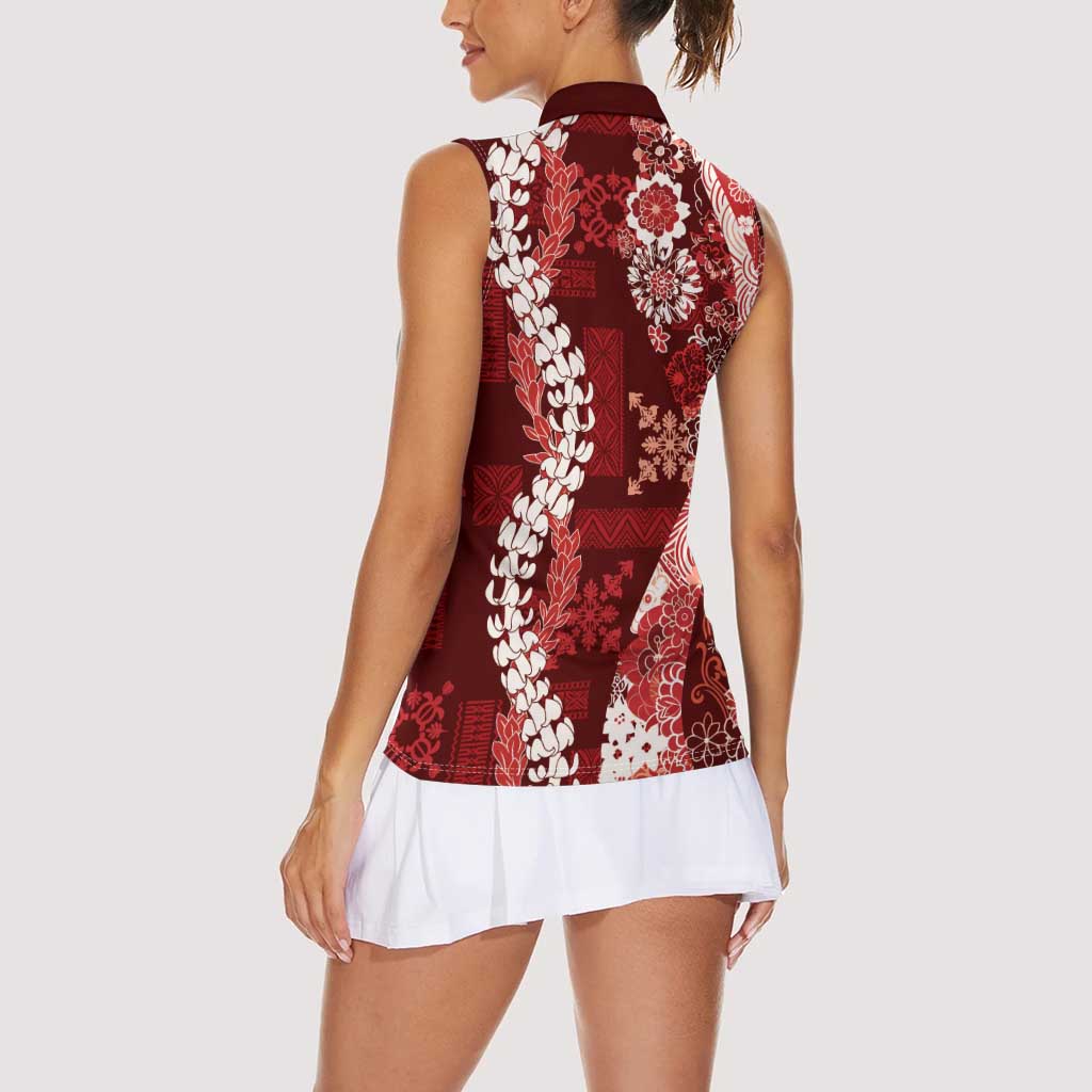 Hawaii Puakenikeni and Maile Lei Women Sleeveless Polo Shirt Red Japanese Wave Style LT9 - Polynesian Pride