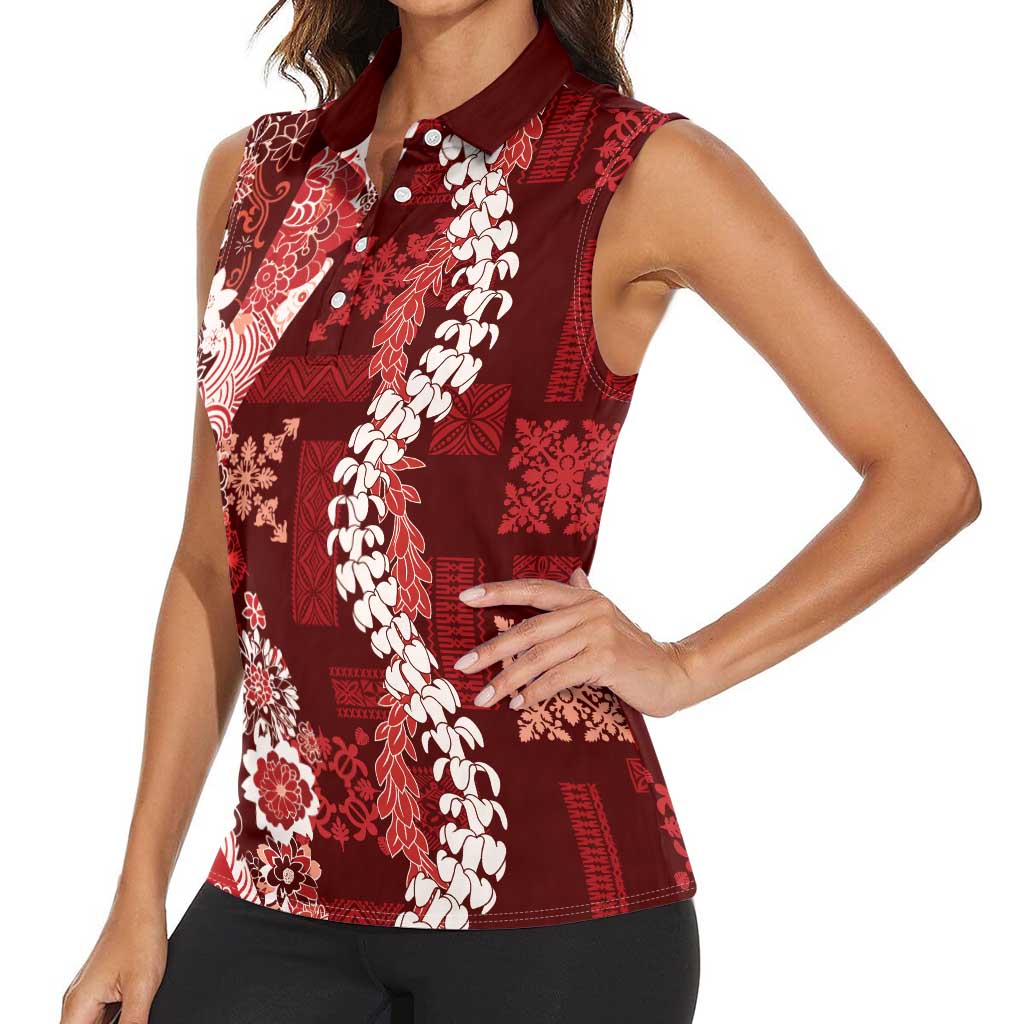 Hawaii Puakenikeni and Maile Lei Women Sleeveless Polo Shirt Red Japanese Wave Style LT9 - Polynesian Pride