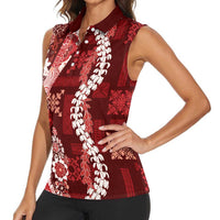 Hawaii Puakenikeni and Maile Lei Women Sleeveless Polo Shirt Red Japanese Wave Style LT9 - Polynesian Pride