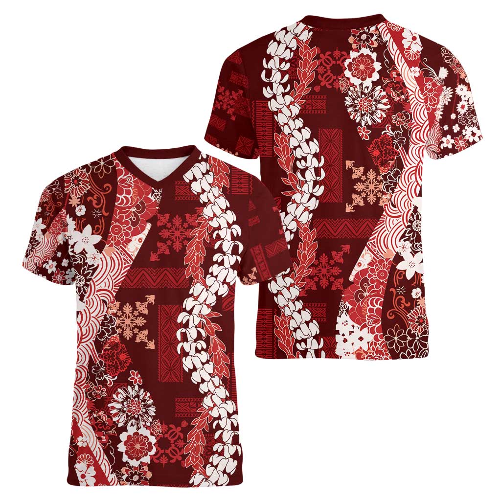 Hawaii Puakenikeni and Maile Lei Women V-Neck T-Shirt Red Japanese Wave Style LT9 - Polynesian Pride